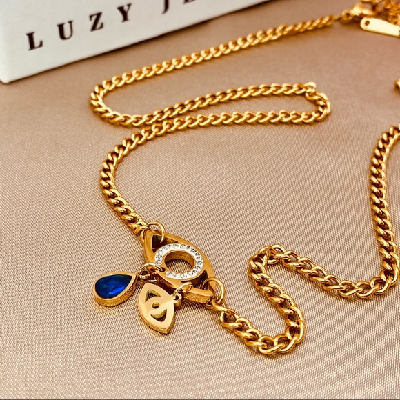 18K Gold Lucky Eye Blue Tear Charm Cubic Zirconia Design Curb Chain Necklace - Picture 2 of 13